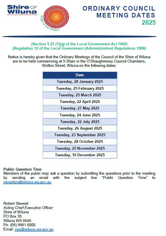 Ordinary Council Meeting Dates for 2025