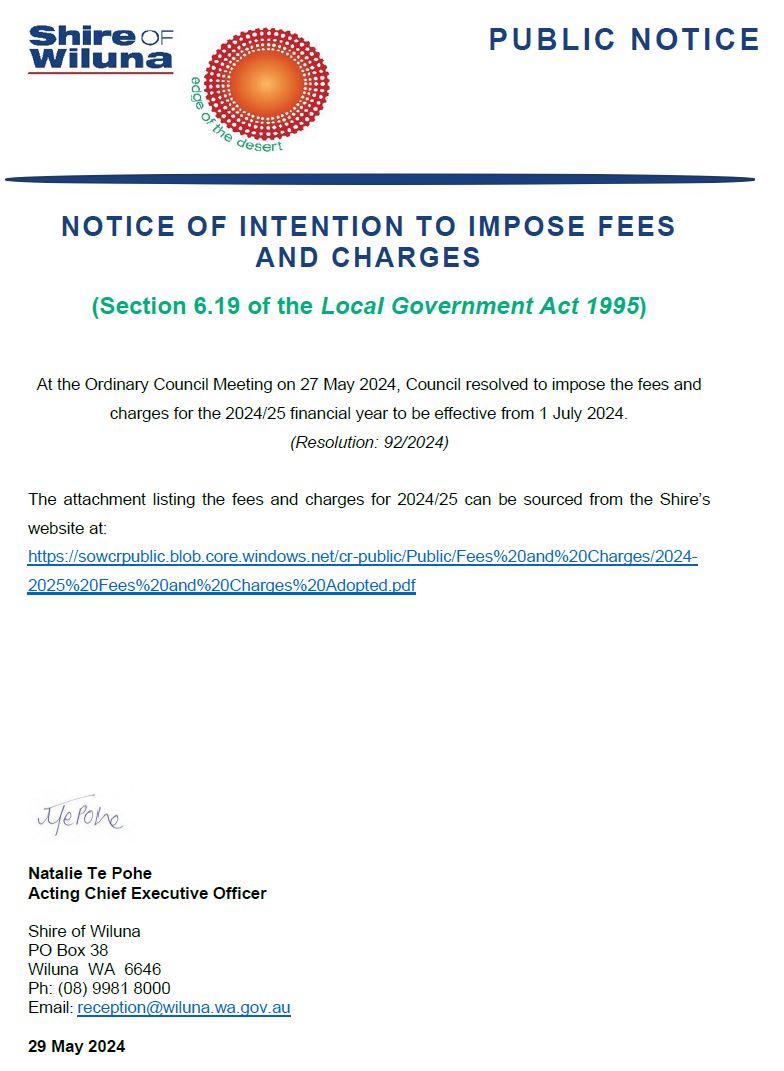 Notice of Intention to Impose Fees and Charges for 2024/25