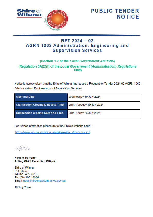 Public Tender Notice - RFT 2024-02 AGRN 1062 Administration, Engineering