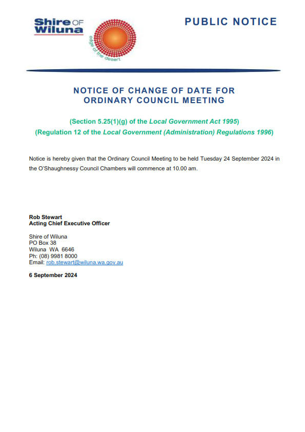 Notice of Change of Commencement Time Ordinary Council Meeting