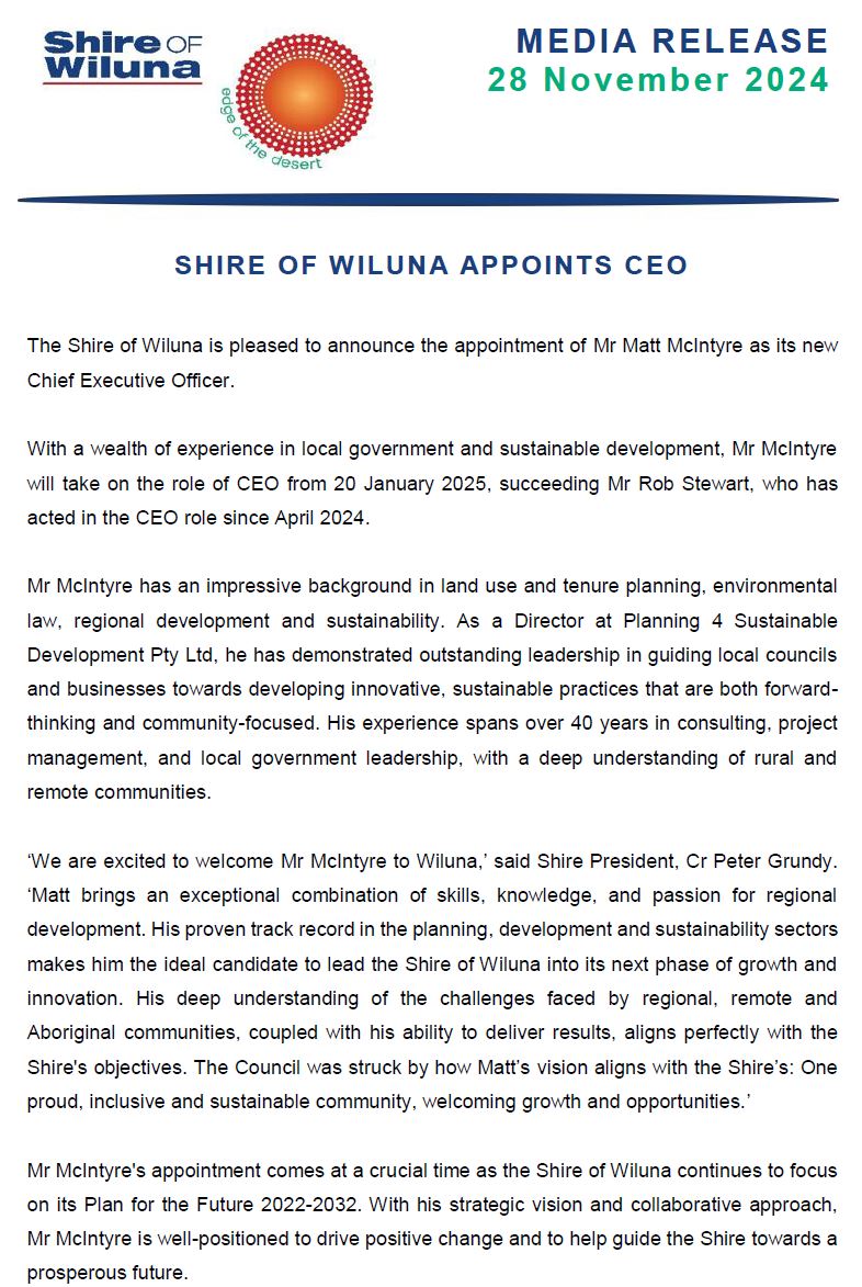 Shire of Wiluna Appoints CEO