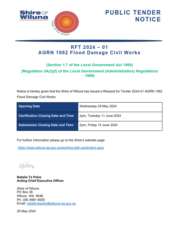 Public Tender Notice - RFT 2024-01 AGRN 1062 Flood Damage Civil Works